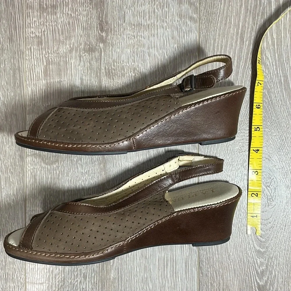 La Plume Leather Brown Slingback Wedge Open Toe Sandals 39 (9 US)